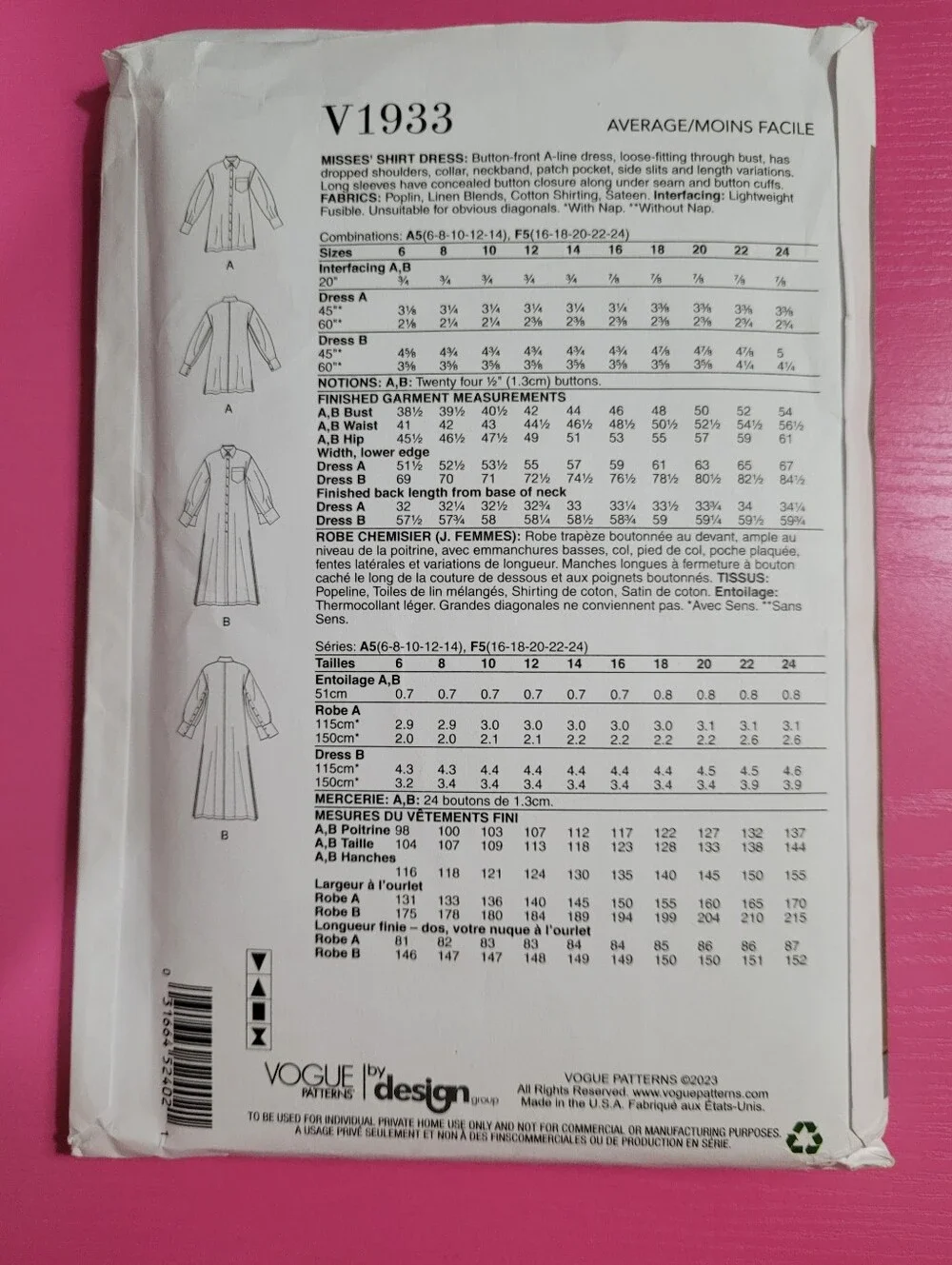 Vogue Misses' Shirt Dress Sewing Pattern V1933 Size 6-14 (1454)